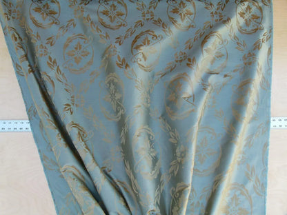 Scalamandre Navonna Reseda Blue Green Neoclassical Silk Lampas Medallion Crest MSRP USD 444/yard  Old World Weavers