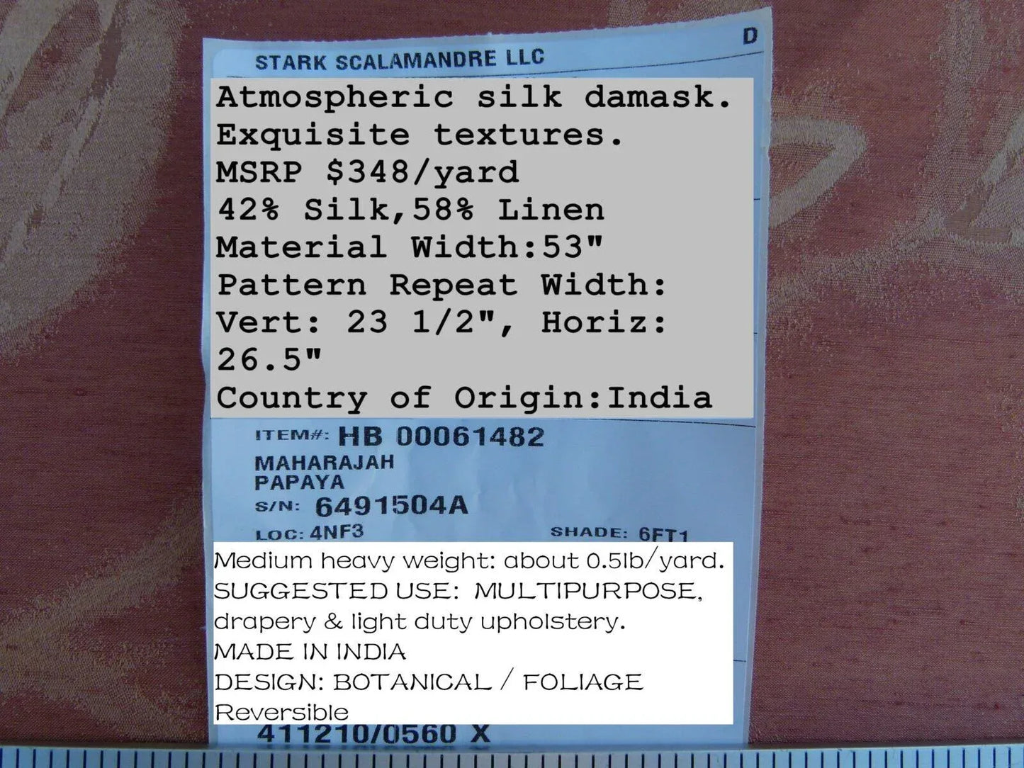 By Yard Scalamandre Gw Maharajah Papaya Pink Orange Silk Linen Damask Reversible MSRP USD 348/Y