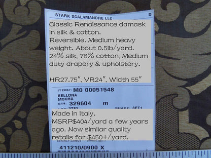Old World Weavers Scalamandre Bellona Mocha Brown Gold Thick Renaissance Silk Damask MSRP USD 650/Y