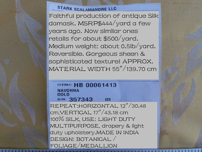 Scalamandre Navonna Gold Yellow Neoclassical Silk Lampas Medallion Crest MSRP USD 444/yard  Old World Weavers