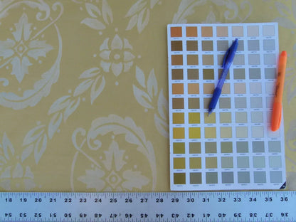 Scalamandre Navonna Gold Yellow Neoclassical Silk Lampas Medallion Crest MSRP USD 444/yard  Old World Weavers