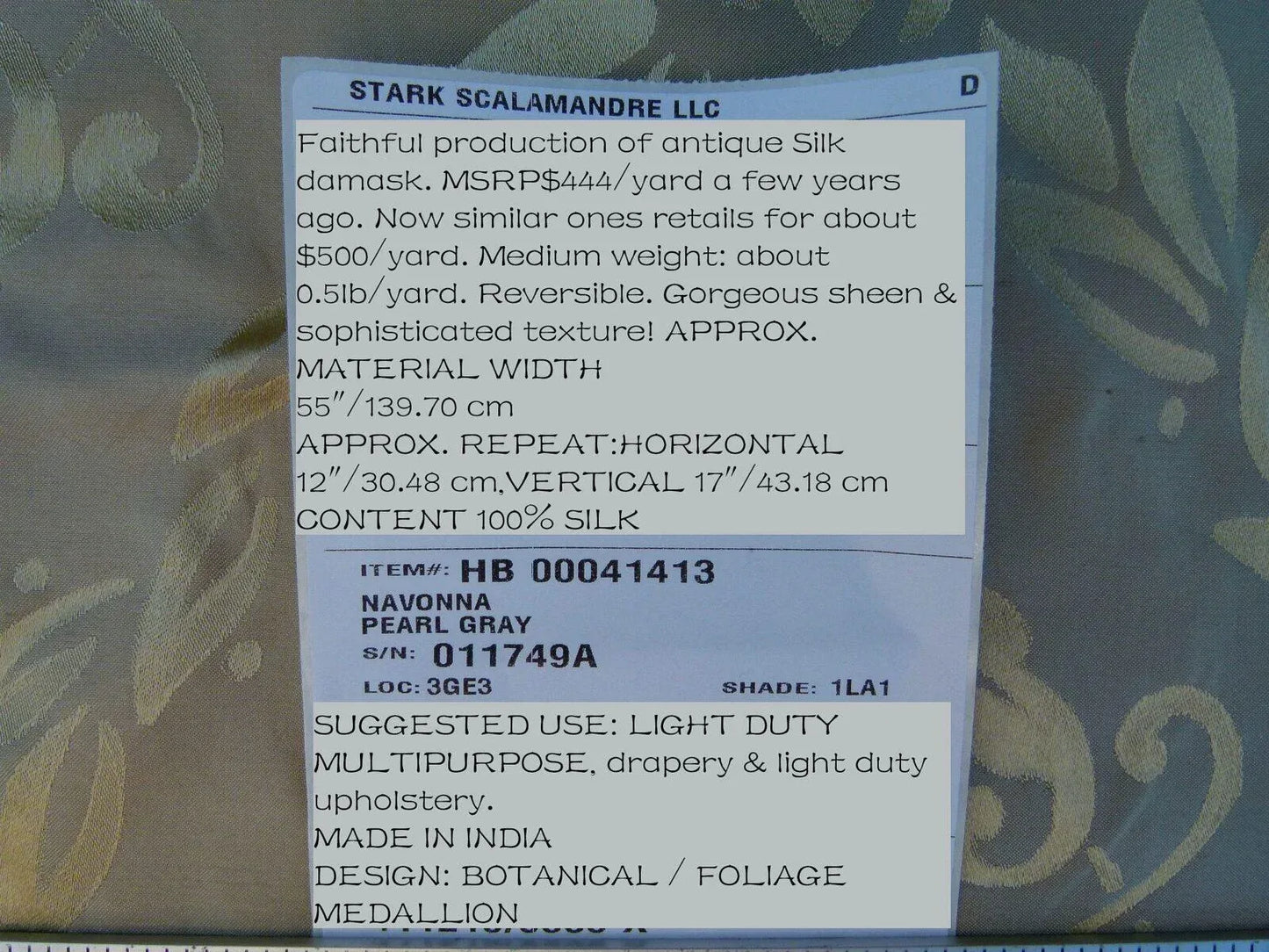 Scalamandre Navonna Pearl Grey Neoclassical Silk Lampas Medallion Crest MSRP USD 444/yard  Old World Weavers