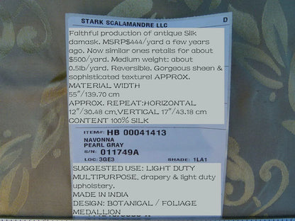 Scalamandre Navonna Pearl Grey Neoclassical Silk Lampas Medallion Crest MSRP USD 444/yard  Old World Weavers