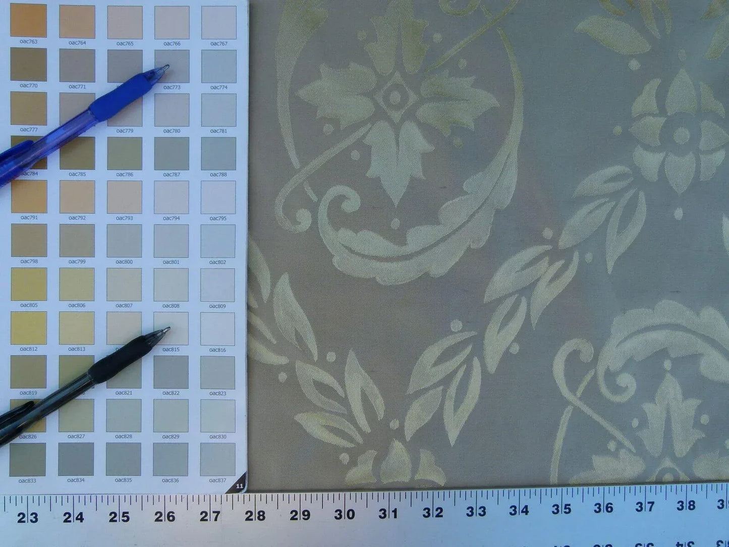 Scalamandre Navonna Pearl Grey Neoclassical Silk Lampas Medallion Crest MSRP USD 444/yard  Old World Weavers