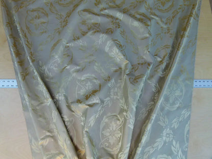 Scalamandre Navonna Pearl Grey Neoclassical Silk Lampas Medallion Crest MSRP USD 444/yard  Old World Weavers