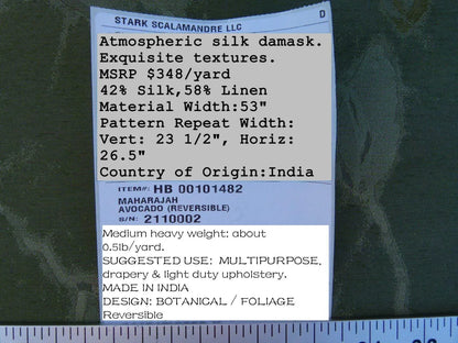 By Yard Scalamandre Gw Maharajah Avocado Green Gold Silk Linen Damask Reversible MSRP USD 348/Y