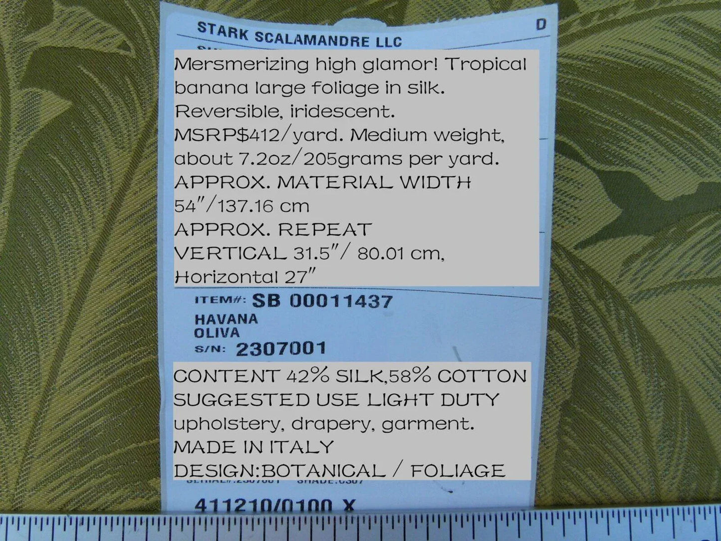 Scalamandre Havana Tropical Banana Leaves Folidage Oliva Green Gold MSRP USD 412/Y