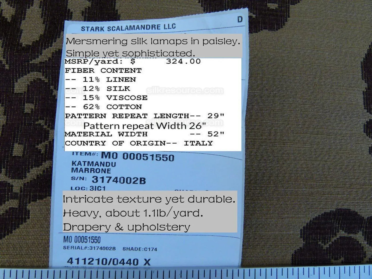 Scalamandre Katmandu Marrone Brown Chocolate Hazelnut Gold Silk Lampas Paisley MSRP USD 364