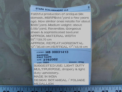 Scalamandre Navonna Pale Taupe Neoclassical Silk Lampas Medallion Crest MSRP USD 444/yard Old World Weavers