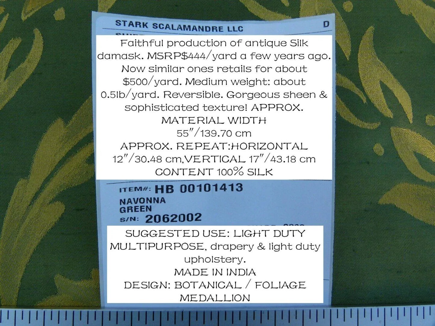 Scalamandre Navonna Green Gold Neoclassical Silk Lampas Medallion Crest MSRP USD 444/yard Old World Weavers