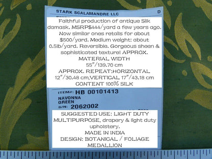 Scalamandre Navonna Green Gold Neoclassical Silk Lampas Medallion Crest MSRP USD 444/yard Old World Weavers