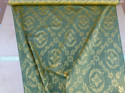 Scalamandre Navonna Green Gold Neoclassical Silk Lampas Medallion Crest MSRP USD 444/yard Old World Weavers