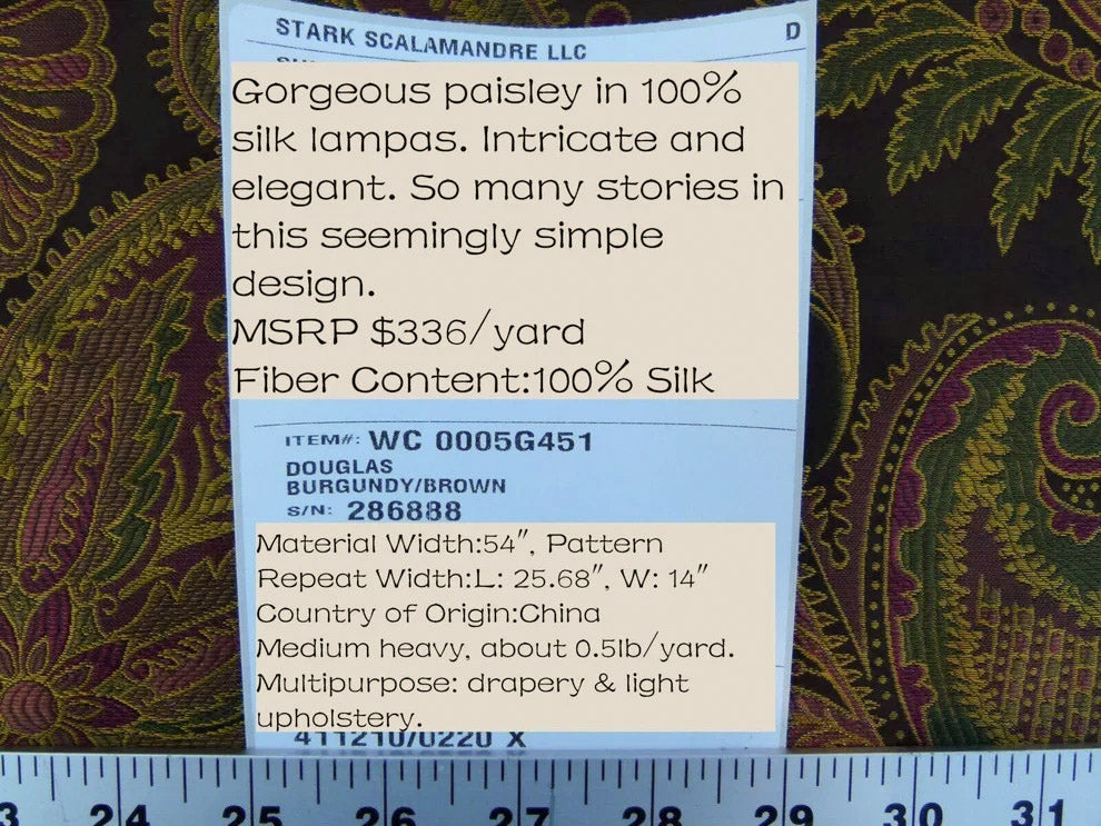 Scalamandre Fonthill Douglas Burgundy Brown Chocolate Red Green 100% Silk Paisley MSRP USD 336/Y