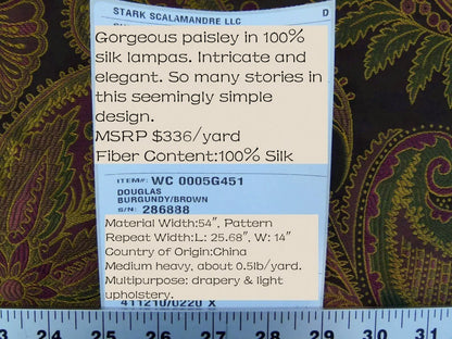 Scalamandre Fonthill Douglas Burgundy Brown Chocolate Red Green 100% Silk Paisley MSRP USD 336/Y