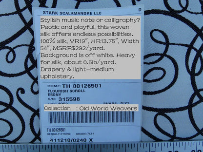 By Yd Scalamandre Flourish Scroll Ebony Black And White Silk Jarquard MSRP USD 292/Y