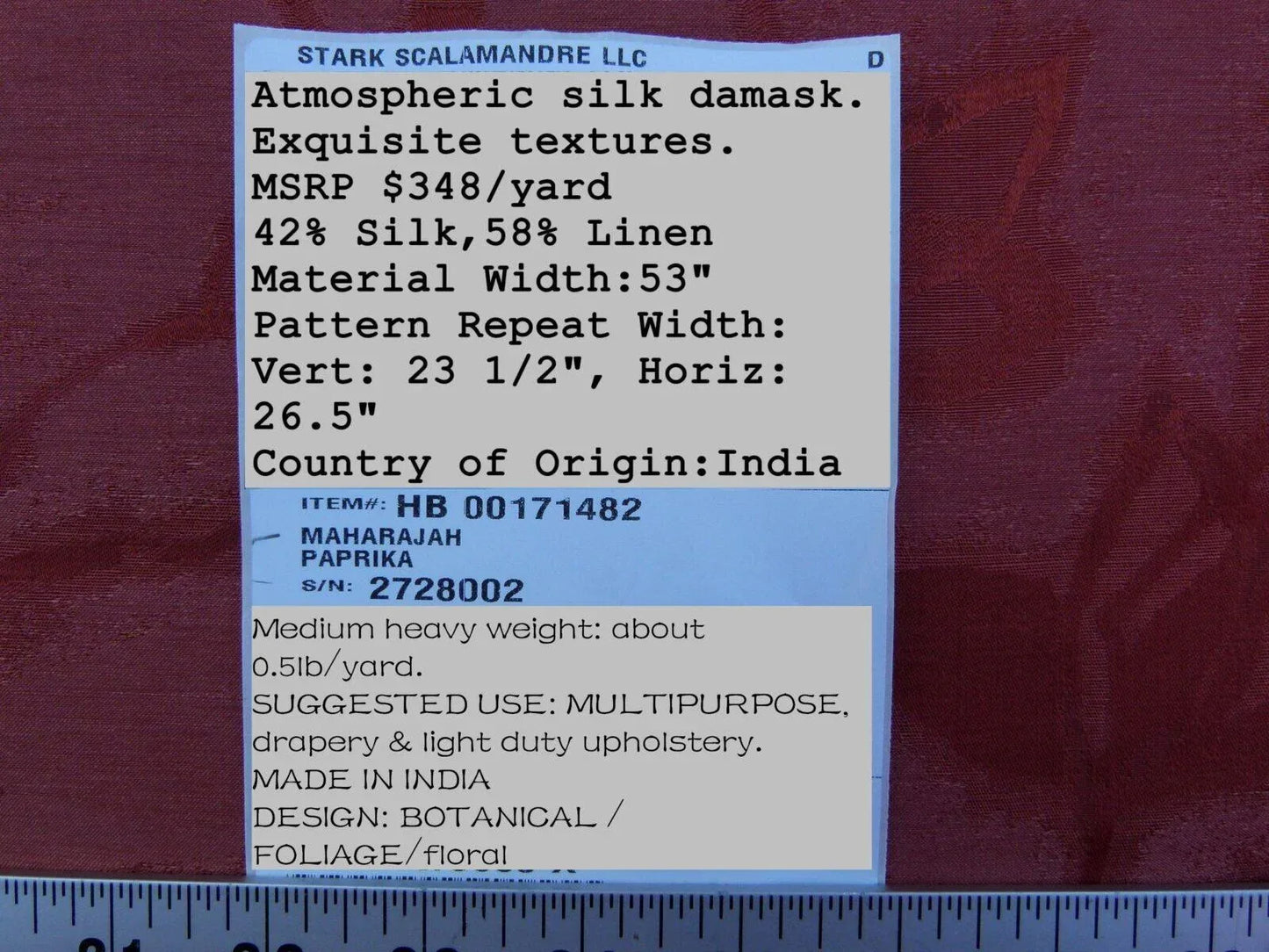 By Yard Scalamandre Gw Maharajah Paprika Red Spice Silk Linen Damask Reversible MSRP USD 348/Y