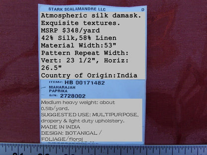 By Yard Scalamandre Gw Maharajah Paprika Red Spice Silk Linen Damask Reversible MSRP USD 348/Y