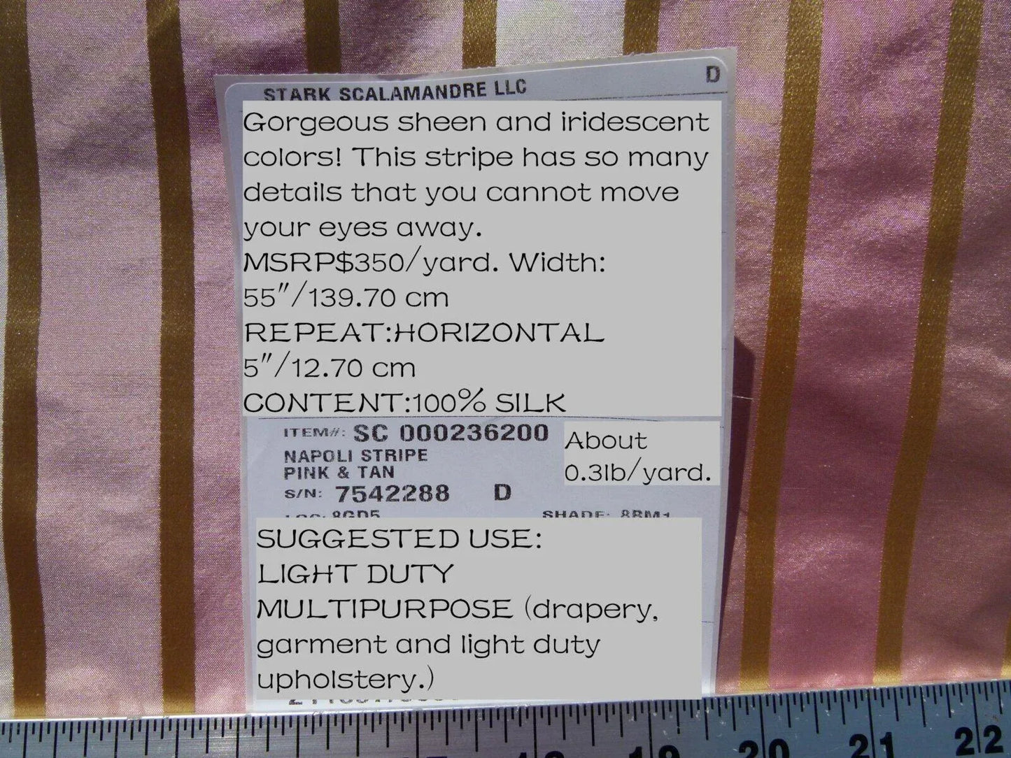 Scalamandre Napoli Stripe Pink Tan Gold 100% Silk Taffeta MSRP USD 350/y