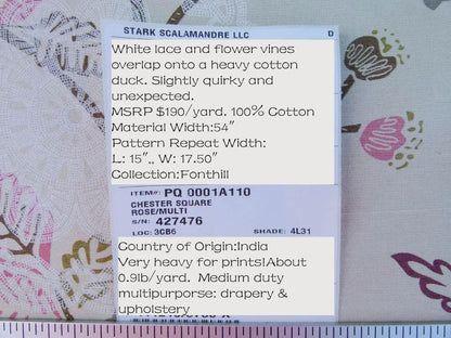 Scalamandre Chester Square Fh Rose Pink Multi Printed Cotton Old World Weavers MSRP USD 190/Y