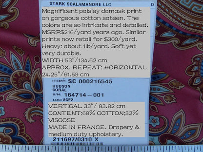 By yard Scalamandre Hudson Multi On Coral Pink Red Paisley Printed Cotton Sateen Belle Jardin Collection Fr France MSRP USD 216/y