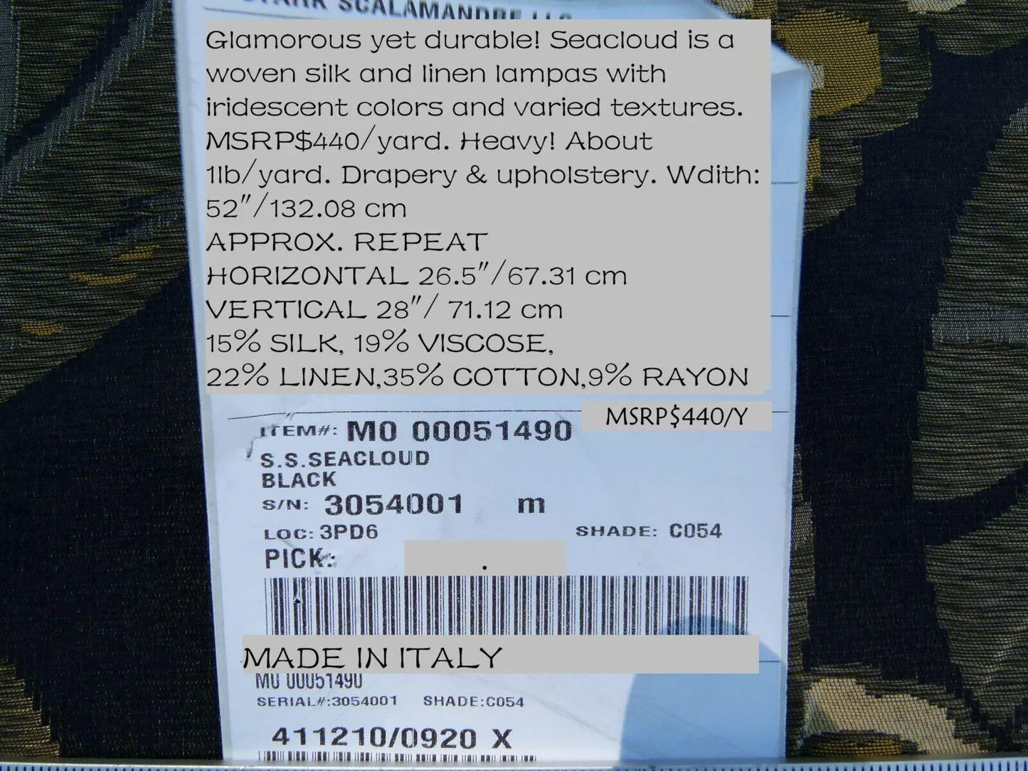 By Yd Scalamandre S.S. Seacloud Grey Watkins Black Gold Heavy Flower MSRP USD 440Y