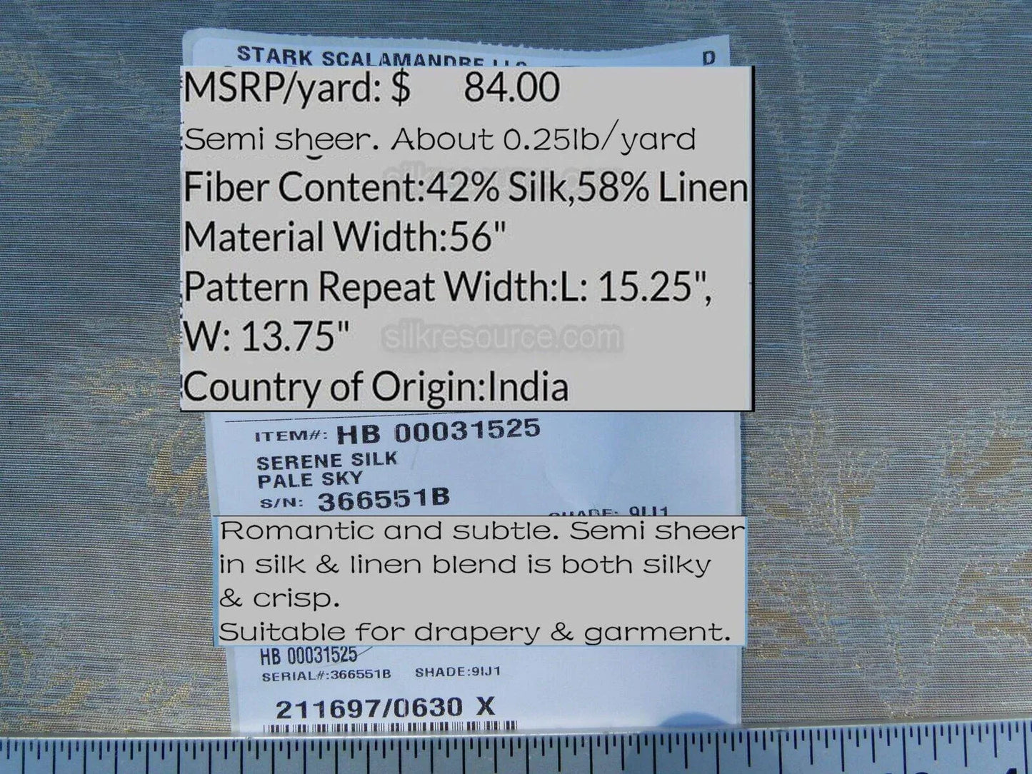 0.9 y Defects Scalamandre Serene "semi-sheer" Silk Pale Sky Blue Cream Old World Weavers MSRP USD 84/y