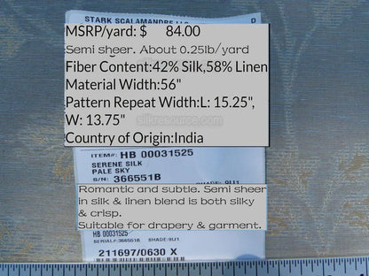 0.9 y Defects Scalamandre Serene "semi-sheer" Silk Pale Sky Blue Cream Old World Weavers MSRP USD 84/y