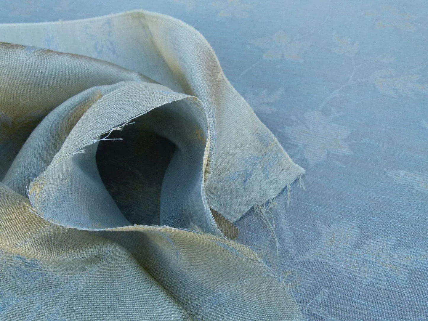 0.9 y Defects Scalamandre Serene "semi-sheer" Silk Pale Sky Blue Cream Old World Weavers MSRP USD 84/y