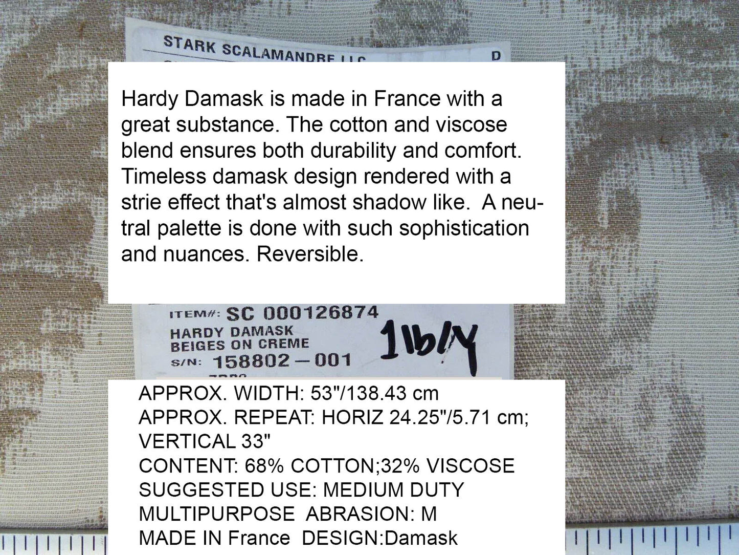 Scalamandre Renaissance Hardy Damask Beiges On Crème White Cotton Viscose French Court MSRP USD 218/Y