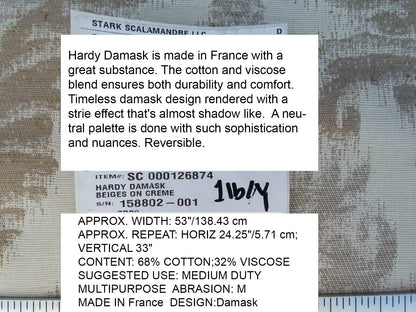 Scalamandre Renaissance Hardy Damask Beiges On Crème White Cotton Viscose French Court MSRP USD 218/Y