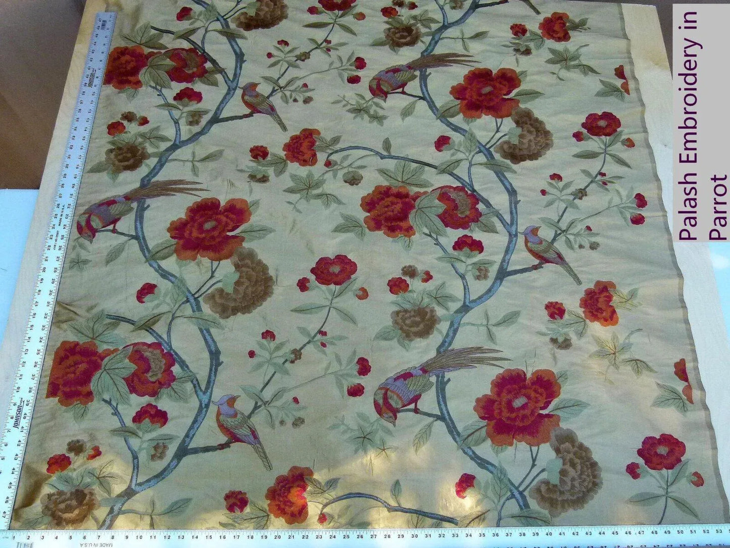 Scalamandre Palash Embroidery Parrot Bird Flower Tree of Life Palampore Tree Peony Red Gold Chnoiserie MSRP USD 332/yard