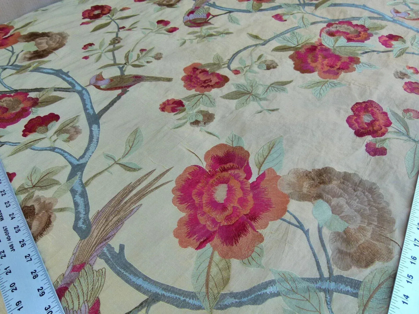 Scalamandre Palash Embroidery Parrot Bird Flower Tree of Life Palampore Tree Peony Red Gold Chnoiserie MSRP USD 332/yard