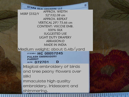 0.63Y Scalamandre Palash Embroidery Parrot Bird Flower Tree of Life Palampore Tree Peony Red Gold Chinoiserie MSRP USD 332/yard