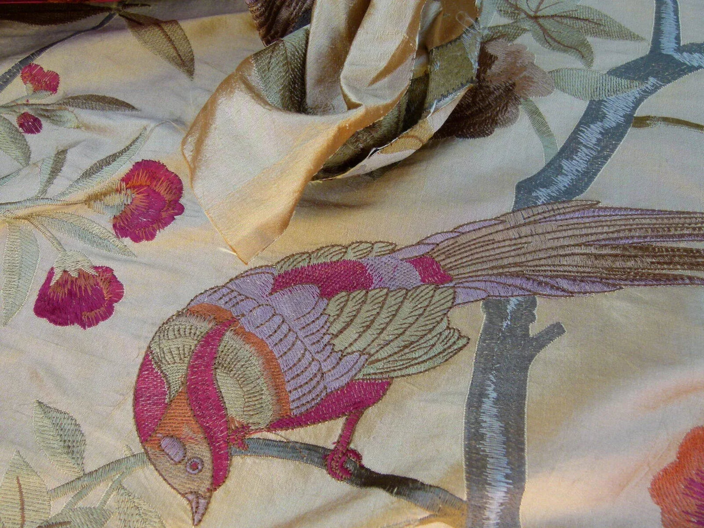 0.88Y Scalamandre Palash Embroidery Parrot Bird Flower Tree of Life Palampore Tree Peony Red Gold Chinoiserie MSRP USD 332/yard