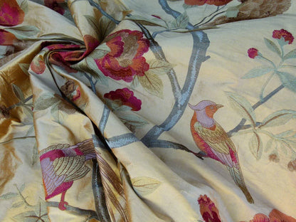 Scalamandre Palash Embroidery Parrot Bird Flower Tree of Life Palampore Tree Peony Red Gold Chnoiserie MSRP USD 332/yard