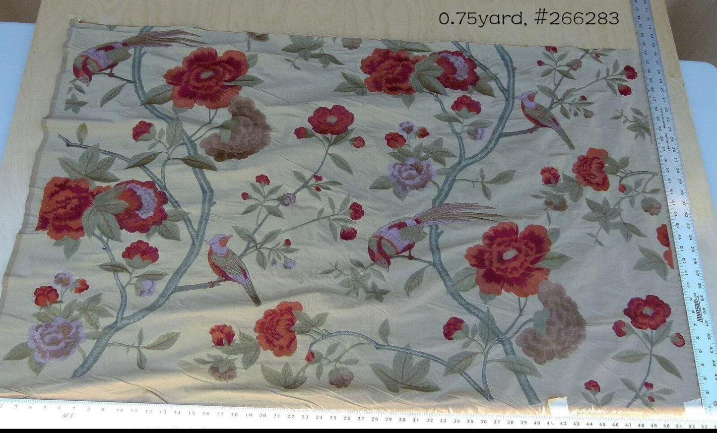 Scalamandre Palash Embroidery Parrot Bird Flower Tree of Life Palampore Tree Peony Red Gold Chnoiserie MSRP USD 332/yard