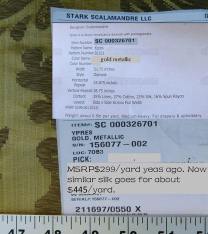 Scalamandre Ypres Lampas Pom Pomegranate Renaissance Gold Metallic Copper MSRP USD445/yd