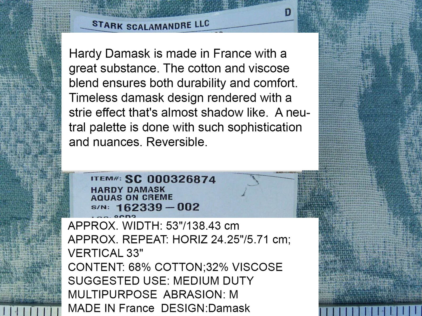 Scalamandre Renaissance Hardy Damask Aquas On Crème Blue White Cotton Viscose MSRP USD 218/Y