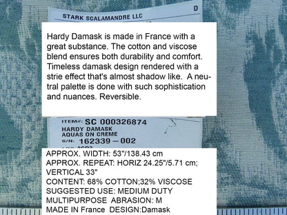 Scalamandre Renaissance Hardy Damask Aquas On Crème Blue White Cotton Viscose MSRP USD 218/Y