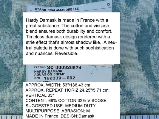Scalamandre Renaissance Hardy Damask Aquas On Crème Blue White Cotton Viscose MSRP USD 218/Y