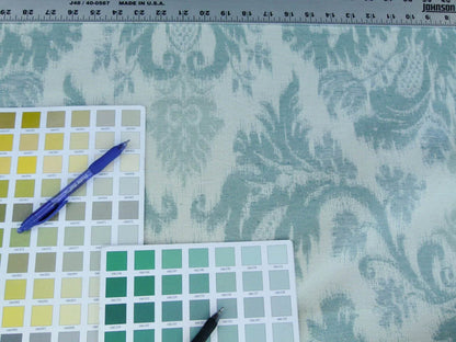 Scalamandre Renaissance Hardy Damask Aquas On Crème Blue White Cotton Viscose MSRP USD 218/Y