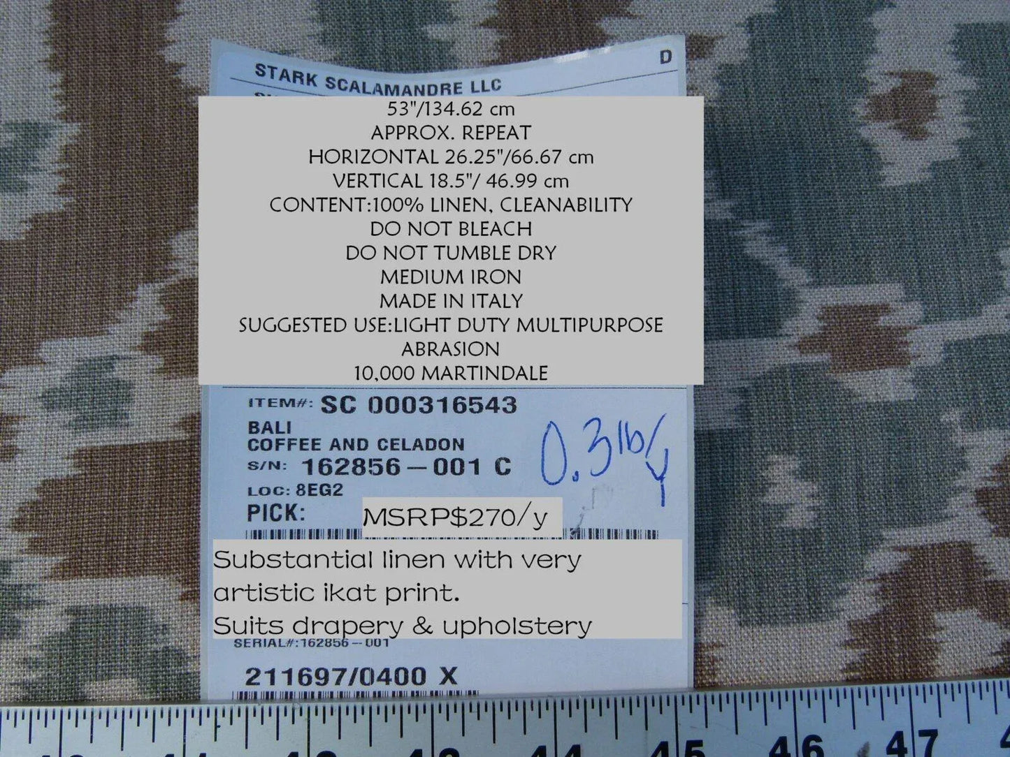 Scalamandre Tropical Ikat Bali Coffee And Celadon Blue Emerald Green MSRP USD270/y