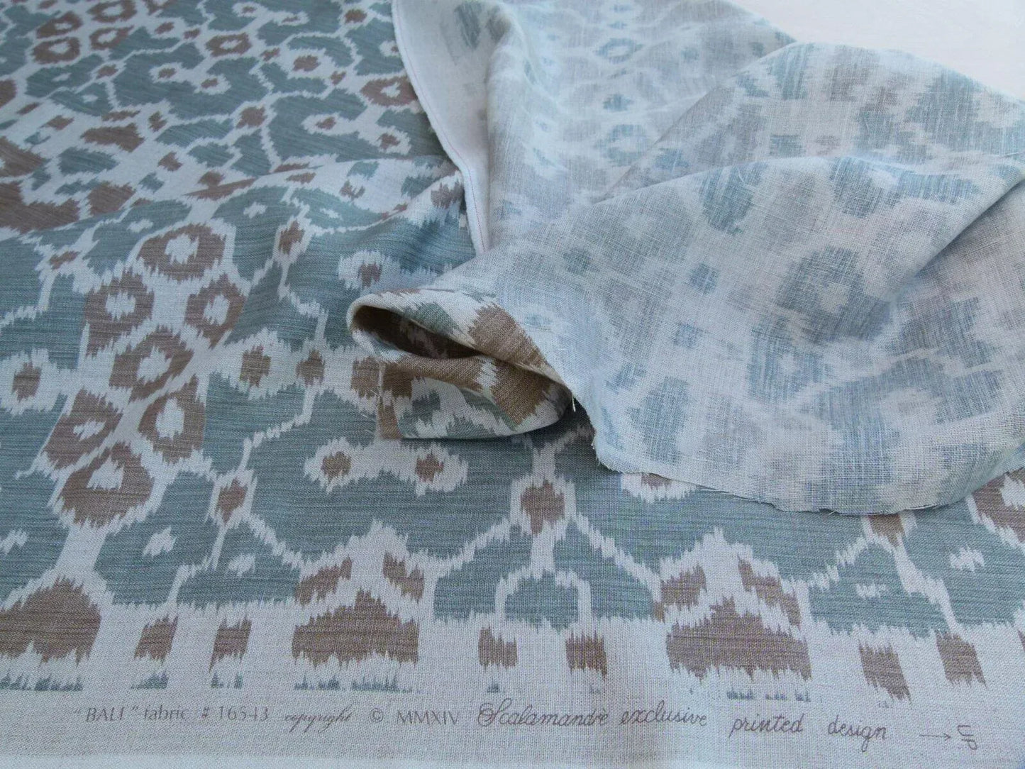 Scalamandre Tropical Ikat Bali Coffee And Celadon Blue Emerald Green MSRP USD270/y