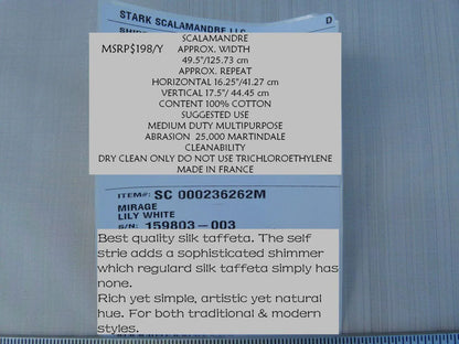 Scalamandre Mirage 100% Silk Self Strie "Lily White" Cream White Silver MSRP USD 198/Y
