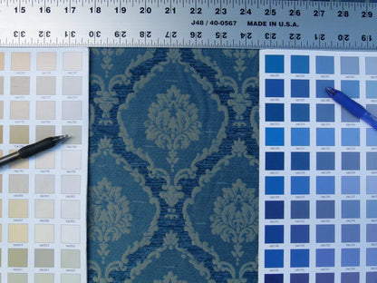 Scalamandre Ecussons Blue Classic Medallion Renaissance Artichoke Damask Woven Heavy MSRP USD 480/Y