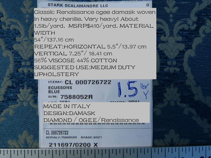 Scalamandre Ecussons Blue Classic Medallion Renaissance Artichoke Damask Woven Heavy MSRP USD 480/Y