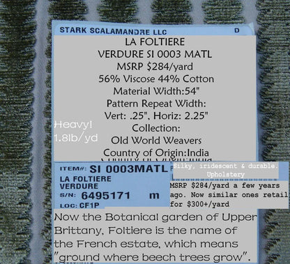 Scalamandre La Foltiere Shadow Verdure Green  Silver Pewter Cut Velvet Stripe Old World Weavers MSRP USD 284