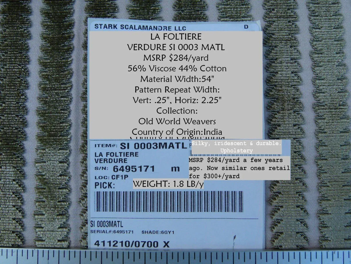 Scalamandre La Foltiere Shadow Verdure Green  Silver Pewter Cut Velvet Stripe Old World Weavers MSRP USD 284