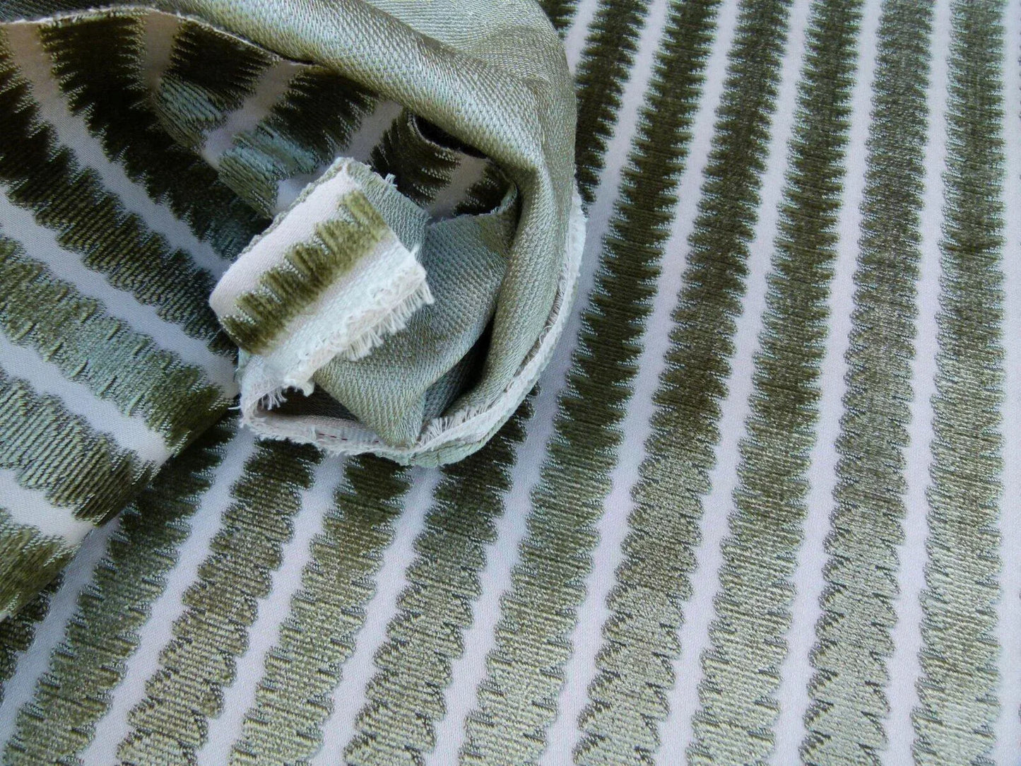 Scalamandre La Foltiere Shadow Verdure Green  Silver Pewter Cut Velvet Stripe Old World Weavers MSRP USD 284