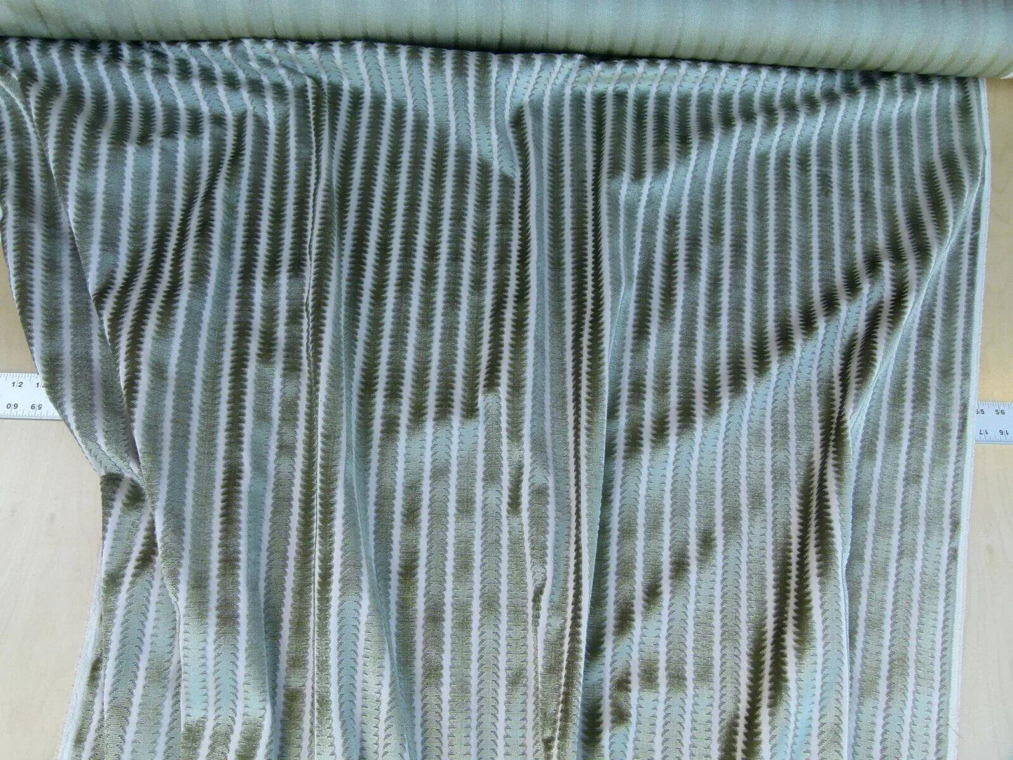 Scalamandre La Foltiere Shadow Verdure Green  Silver Pewter Cut Velvet Stripe Old World Weavers MSRP USD 284